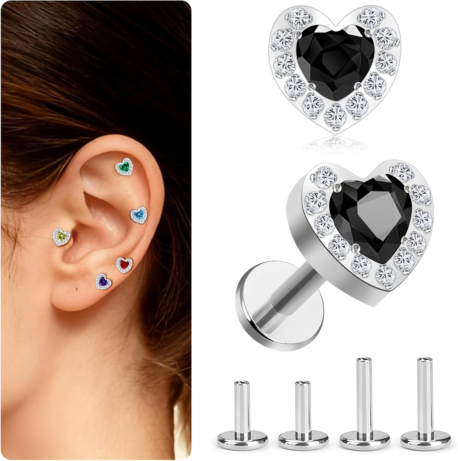Heart Cubic Zirconia Titanium Alloy Stud Earrings for Women, Hypoallergenic Flat Back Cartilage Piercing Jewelry, 4mm 6mm Post, Helix Tragus Piercing - Image 2