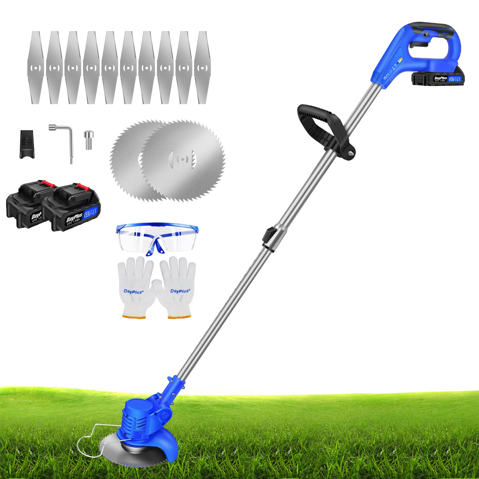 Garden Cordless Strimmer - Electric Grass Strimmer with Metal Blade - 2 Lithium Battery & Fast Charger - Lightweight Lawn Mower - For Garden Clearing Weeds Trees - Blue