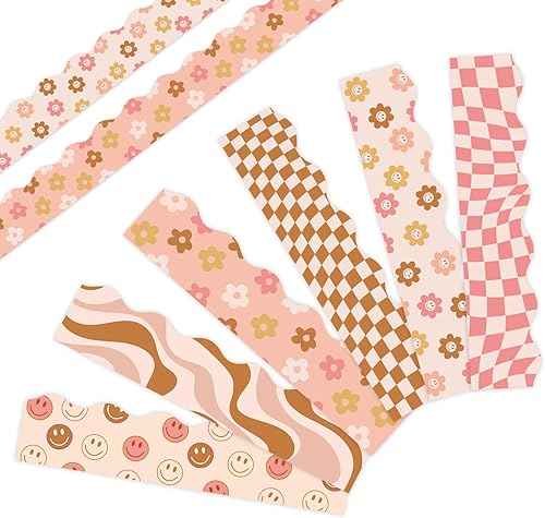 Miniatura 8 de Whaline Bordes de tablón de anuncios retro Groovy de los años 70 de 82 pies, decoración de cara de flores, bordes pastel rosa y verde, calcomanías