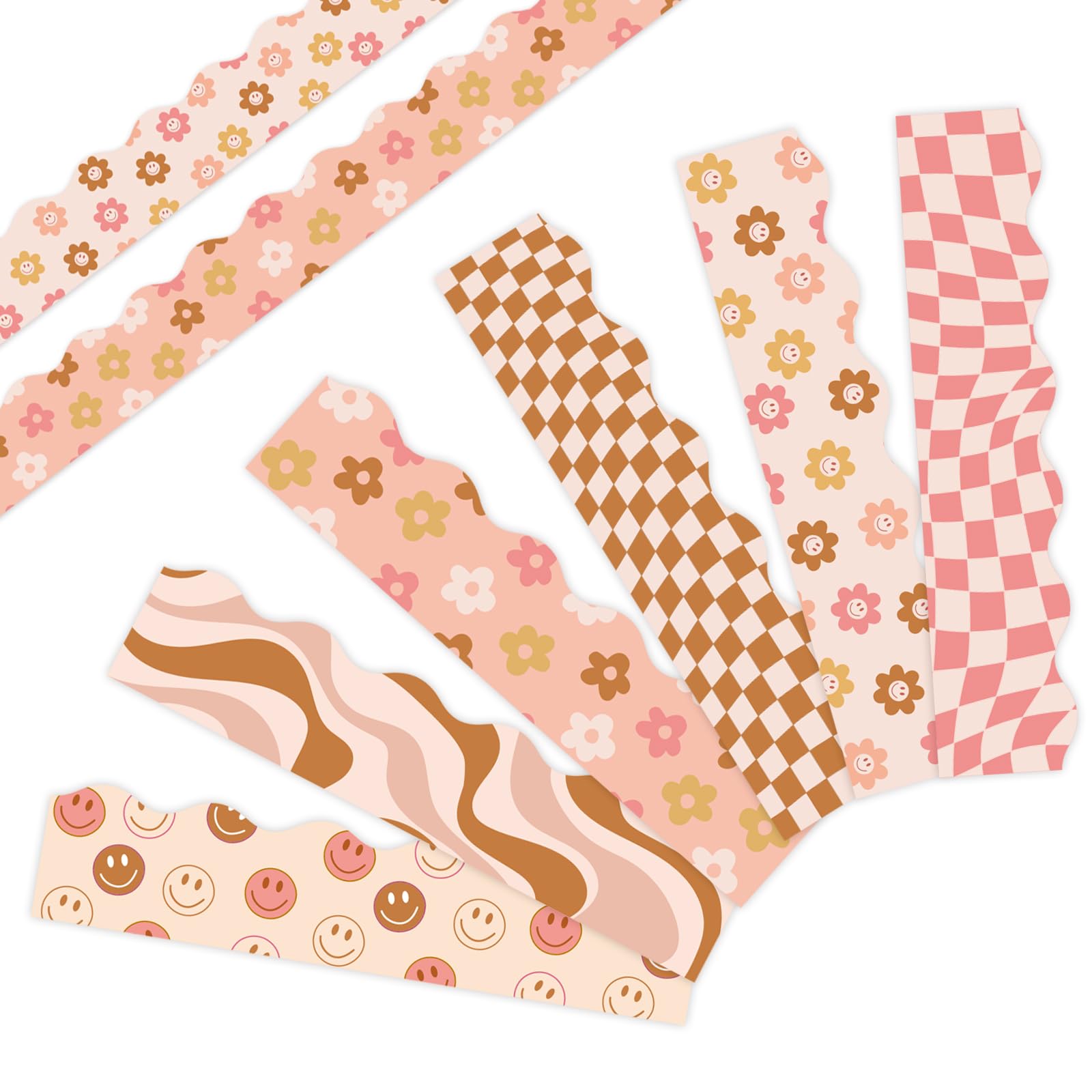 Whaline 82 Ft Retro Groovy 70s Bulletin Board Borders Boho Flower Face Checkered Trim Border Chocolate Color Floral Bulletin Board Stickers for Back to School Classroom Office
