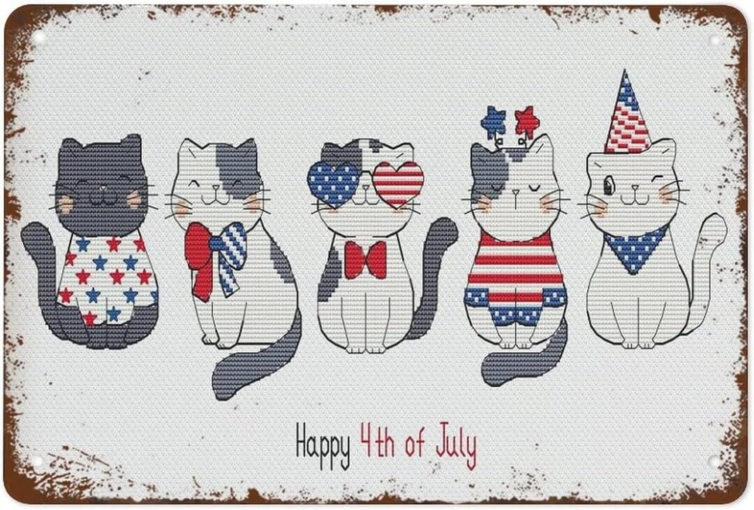 rayprint Aluminum Tin Sign Vintage 4th July Cats Cross Retro Metal Sign for Garden Home Office Wall Decor 8x12 Inch