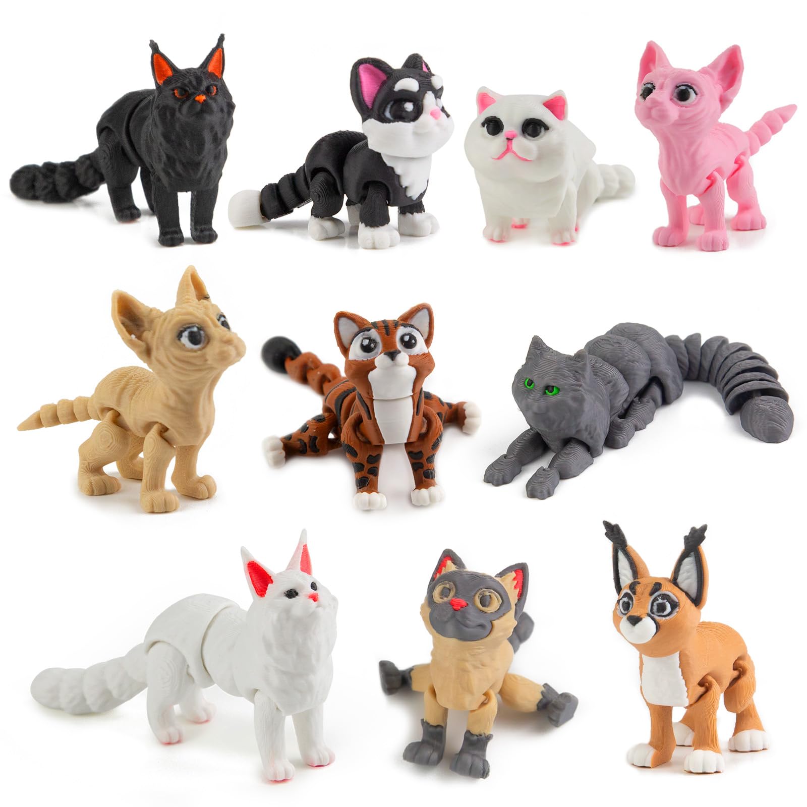 10PCS 3D Printed Cat Toys, Cat Figurines Animals Toy for Kids Cake Topper