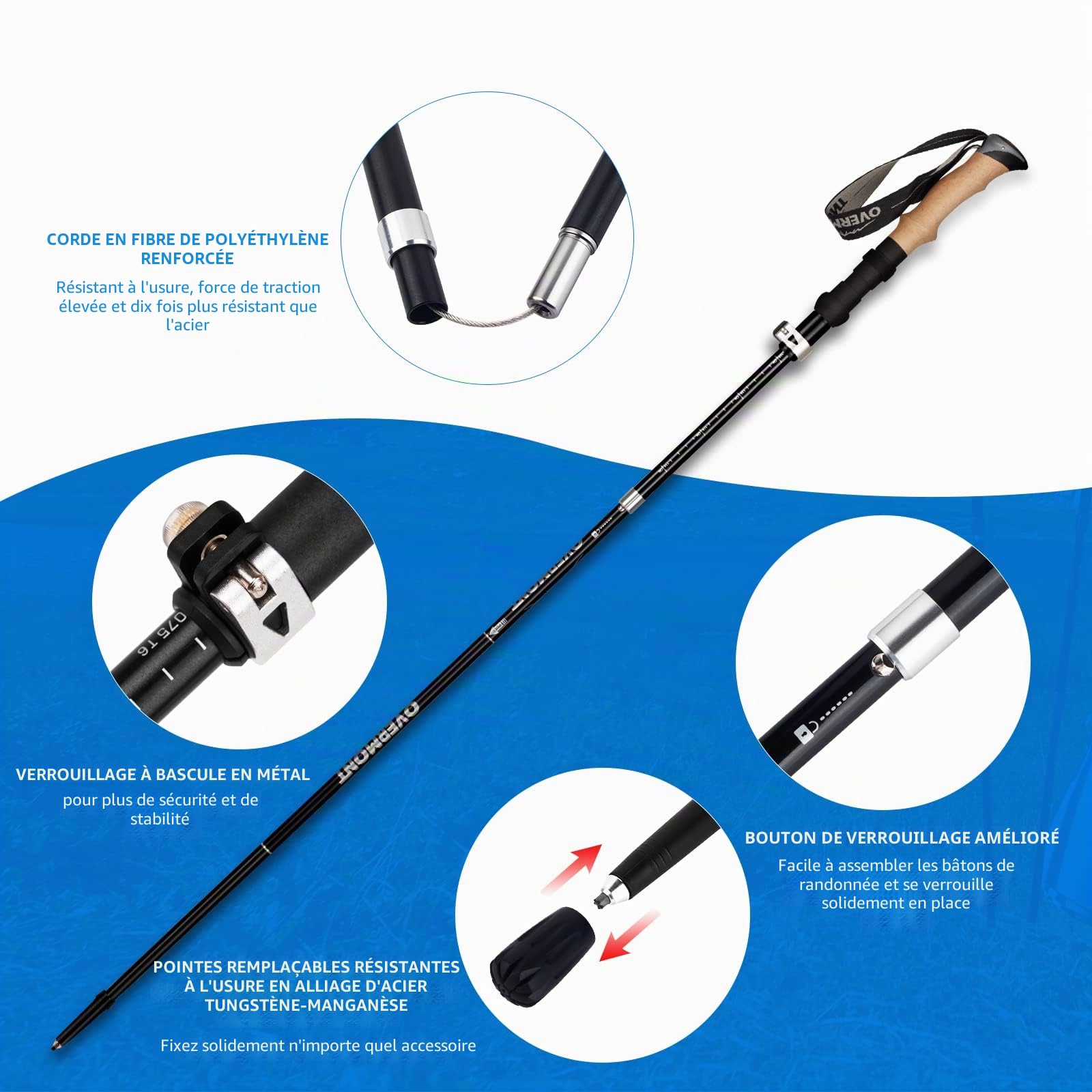 Overmont Bâtons de Randonnée Pliable Antidérapant Ultraléger Bâtons de Marche Réglable, Idéal pour Randonnées Camping Ski Trekking, 2 PCS