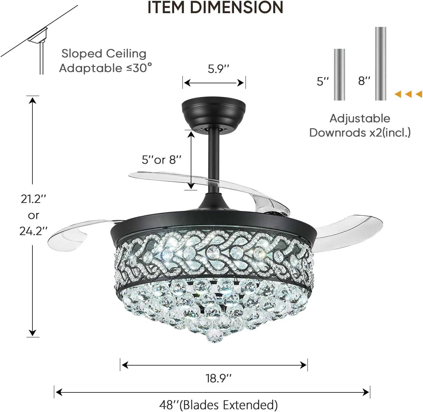 TXCSLY Crystal Fandelier Ceiling Fan with Light, 48" Retractable Ceiling Fans Chandelier Fan with Retractable Blades Dimmable Crystal Ceiling Fan Chandelier Fans for Bedroom Living Room etc-Black