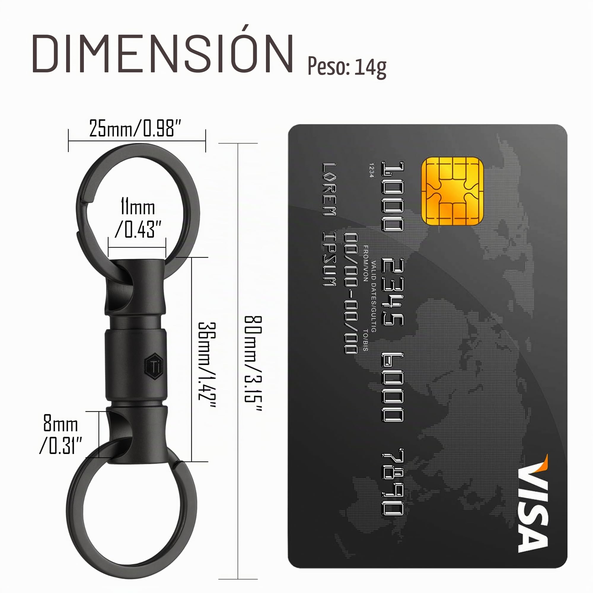 KeyUnity KA24BK - Conector de llavero desmontable, llavero giratorio de doble extremo, organizador de llaves giratorio de titanio para mosquetón