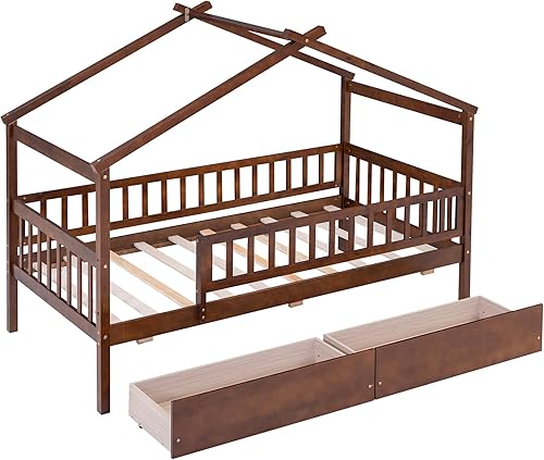 Miniatura 126 de Bellemave Cama de casa tamaño matrimonial con barandillas de valla, marco de cama de madera estilo Montessori para niños, divertidas camas de casa