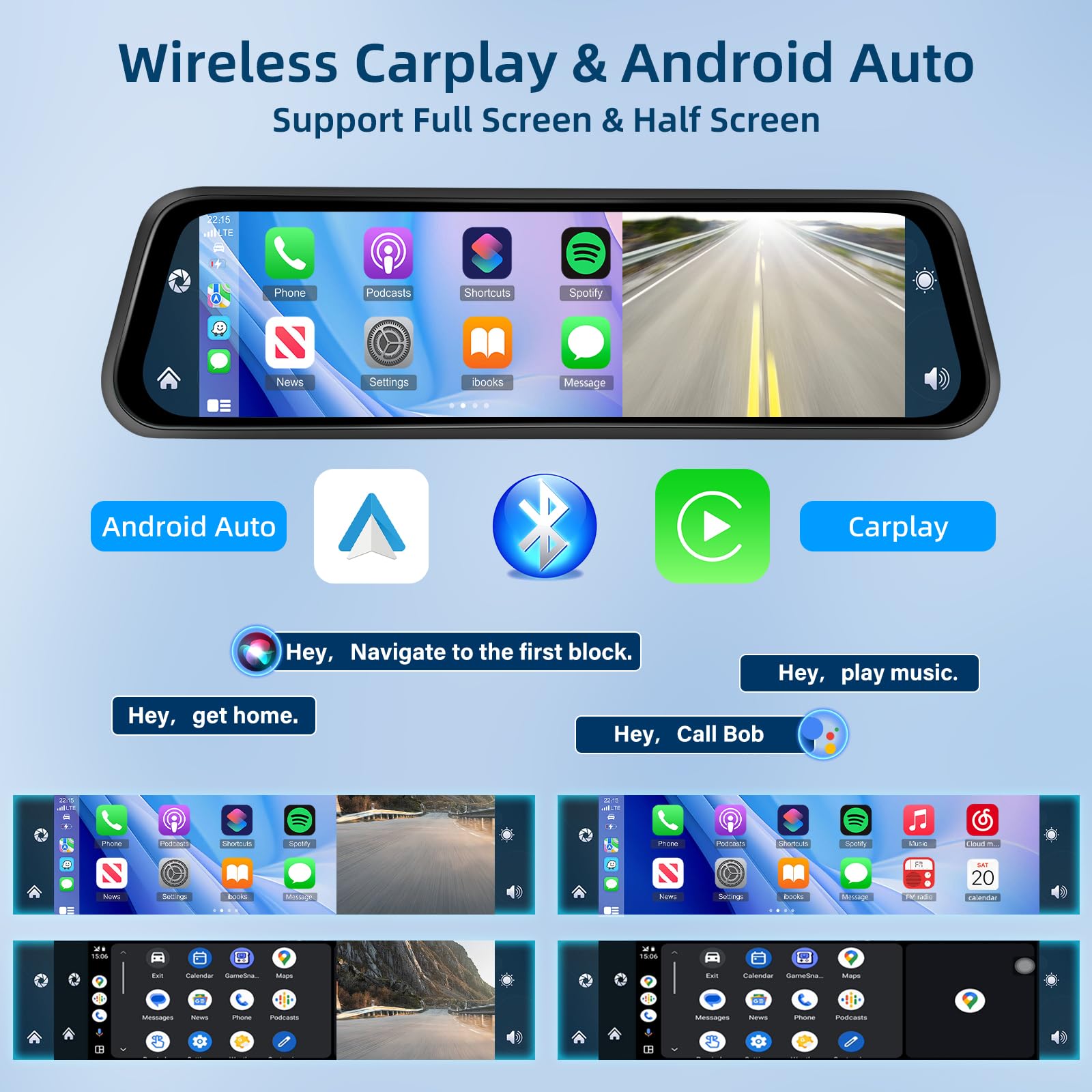 Caméra de Voiture 4K avec miroir et écran tactile de 12 pouces - retroviseur camera de recul avec sans fil Carplay & Android Auto - Enregistrement en boucle G-Sensor WiFi Mirror Link FM + carte TF 64G