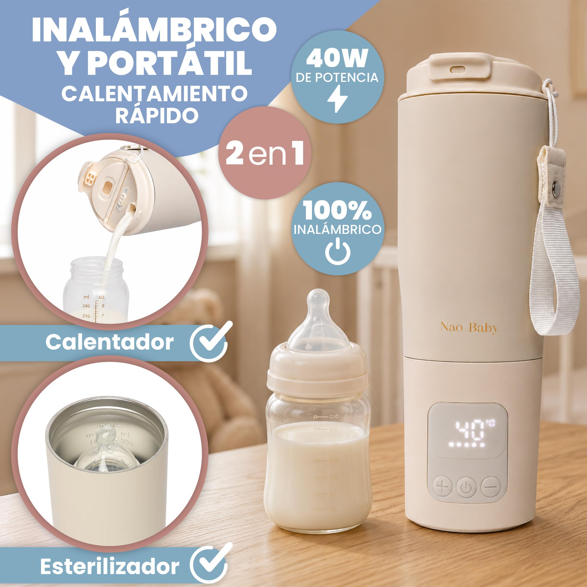 Calienta Biberones Portátil y Esterilizador Biberones 2 en 1 hasta 100ºC, Batería de Larga Duración, Anitderrame y Asa de Viaje | Calentador de Leche Portátil 350ml con Conservación 20h