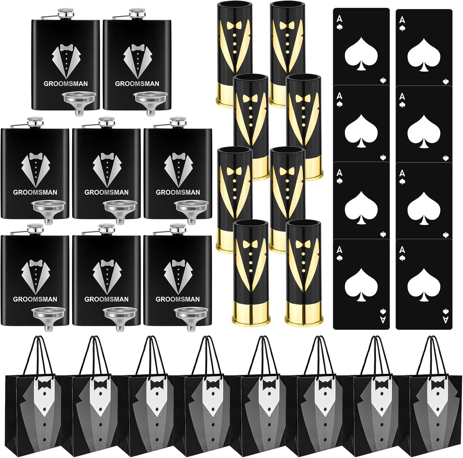 40 Pieces Groomsmen Gifts Set 8 Groomsmen Gift Proposal Bags 8 oz Stainless Steel Tuxedo Hip Flask 8 Gauge Glasses with 8 Poker Card Beer Bottle Opener Cap for Wedding Bachelor Party Favors