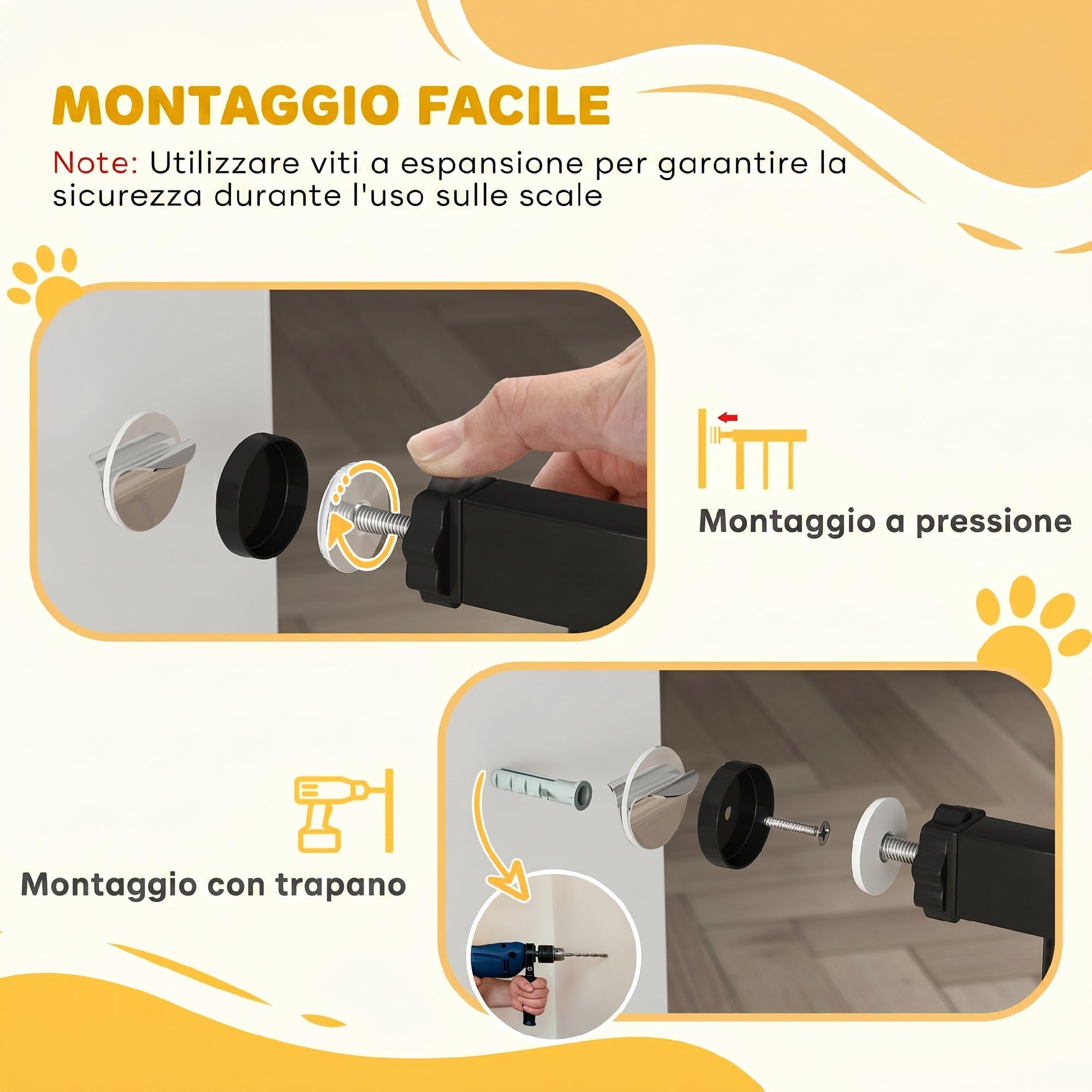 PawHut Cancellino per Cani e Animali Domestici 3 Estensioni Larghezza Regolabile Fine a 147.5 cm, Cancello per Cani con Fissaggio a Pressione Senza Fori e Chiusura Automatica, Nero