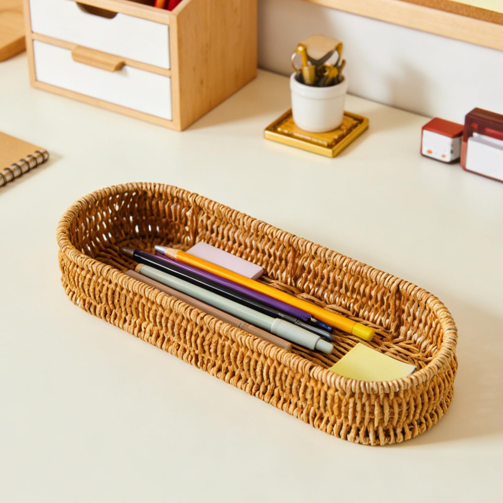 Cesta organizadora de utensilios – Soporte de almacenamiento de cocina para encimera, contenedor tejido con compartimentos multisección, organizador de mesa para comedor y despensa