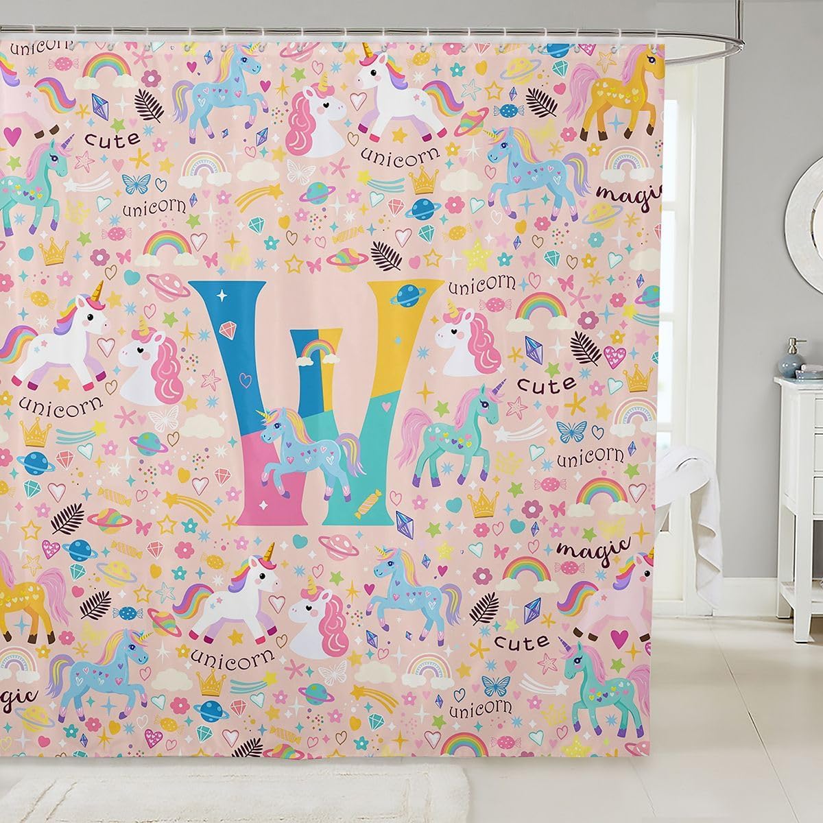 Erosebridal Monogram Unicorn Bathroom Decor, Pink Unicorn Rainbow Floral Shower Curtain 72 x 72 Inch, Customized Letter W Waterproof Shower Curtains, Colorful Galaxy Bathroom Accessories
