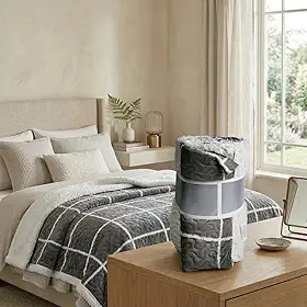Cobre Dom Casal Dupla Face Anti-alérgico com Sherpa 195x215 cm Cobre Leito Cobredom Textura Macia e Agradável para Conforto Diário (Cinza Quadriculado)