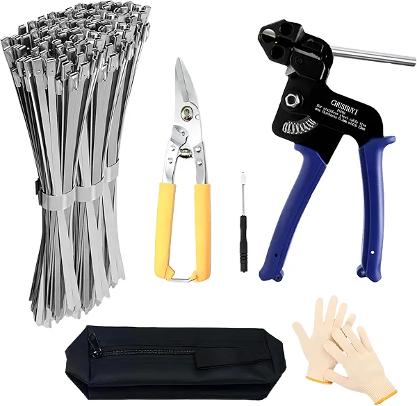 Heavy Steel Cable Tie Tool：Stainless Steel Zip Tie Gun, Metal Tie Wrap Gun Kit, Duty Outdoor Adjustable Fastening Cutting Tie Tool Sets with 100pcs Self-Locking Metal Steel Zip Ties CHUSHUYI