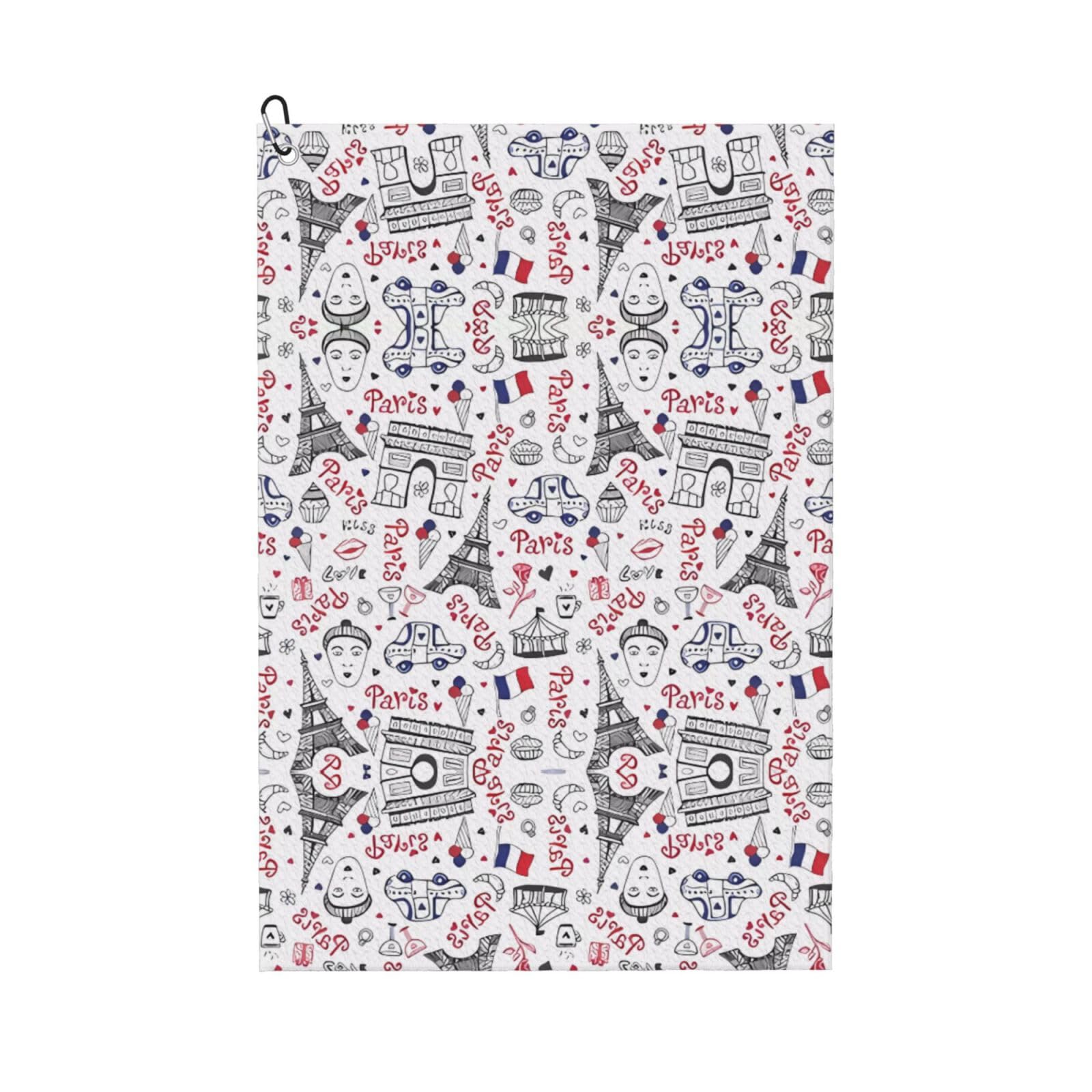 ZHAOUR Eiffel Tower Print Golf Towel for Men & Women â€“ Perfect for Golf, Yoga, Gym, Hiking with Carabiner Clip