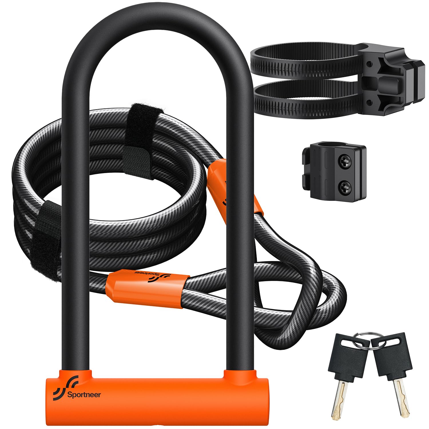 Sportneer Lucchetto a U per bicicletta, 18 mm, resistente, con cavo in acciaio ad alta sicurezza da 1,8 m, staffa di montaggio regolabile e serratura antifurto per biciclette, e-bike, moto, scooter