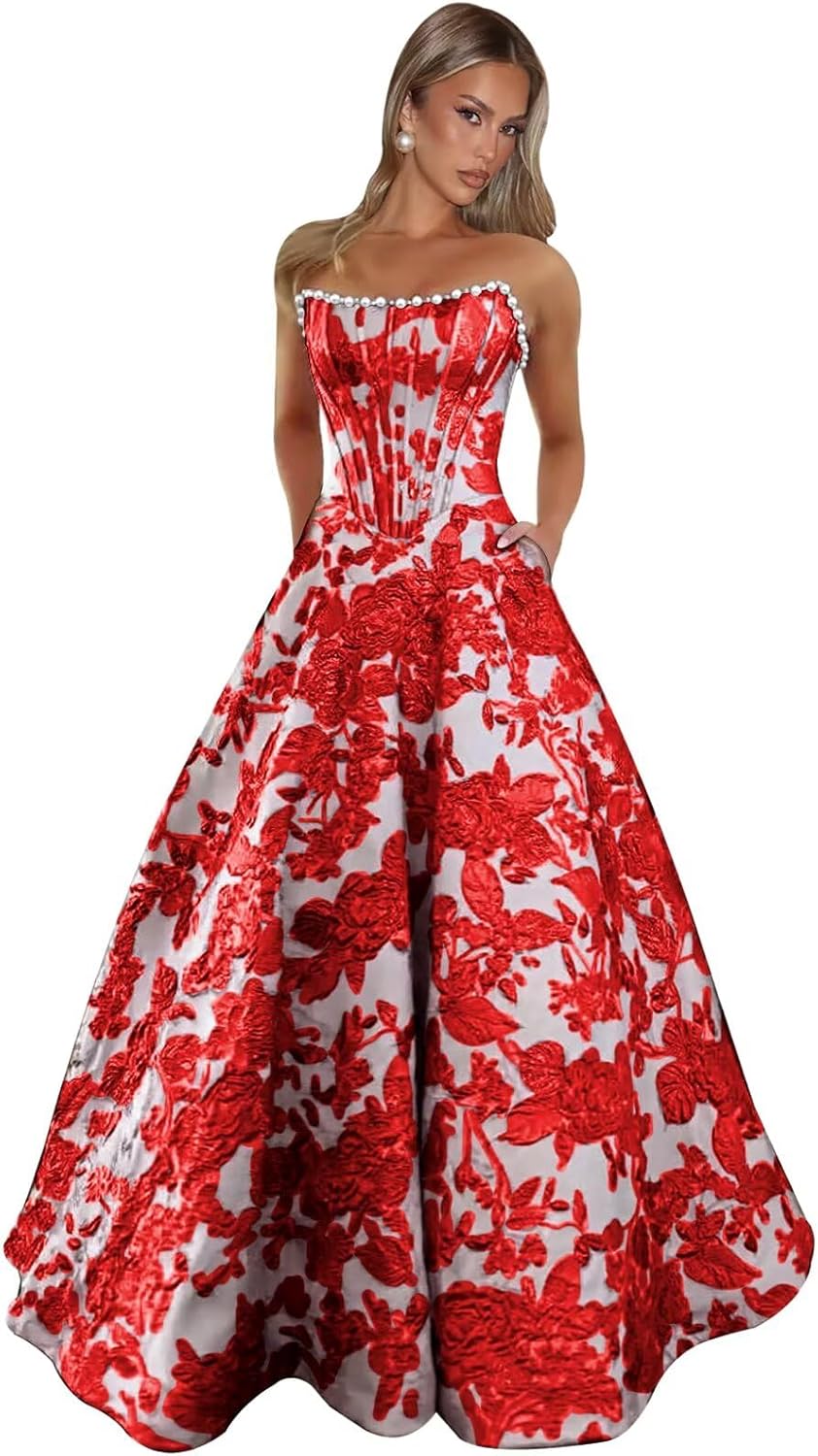Mollyevers Floral Jacquard Prom Dresses for Women 2026 Pearl Strapless Corset Long Formal Evening Gowns with Pockets