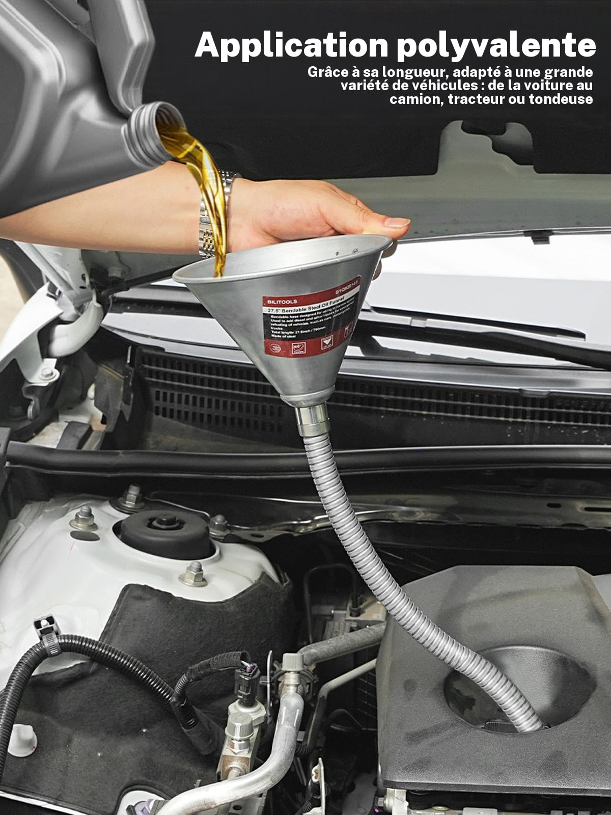 BILITOOLS Entonnoir Huile Voiture avec Tuyau Flexible 665 mm | métal avec filtre, pour huile moteur, essence, diesel, vidange et boîte de vitesse
