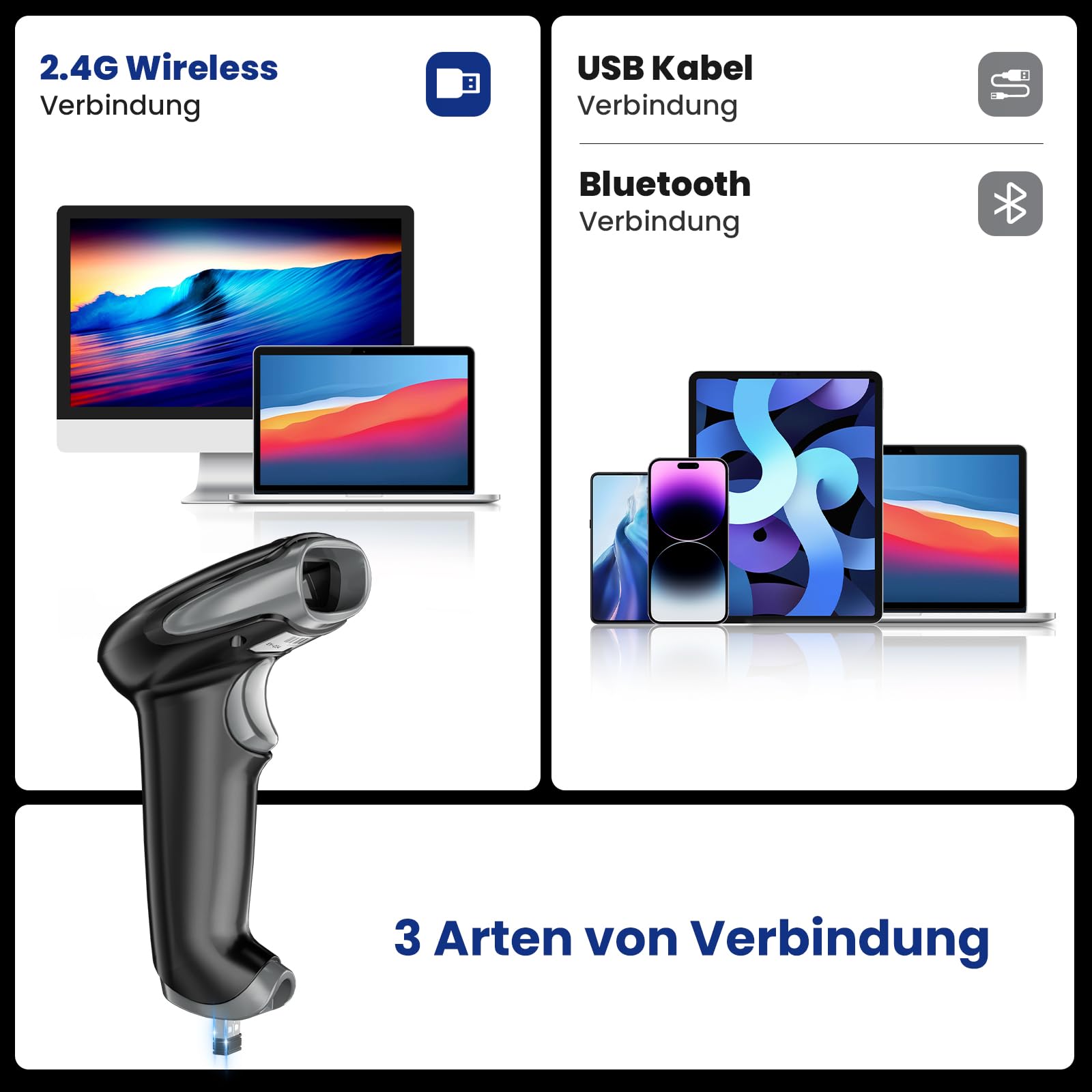Eyoyo Bluetooth Barcode Scanner 1D/2D 3-in-1 2.4G kabellos USB Kabel 2500mAh Handheld