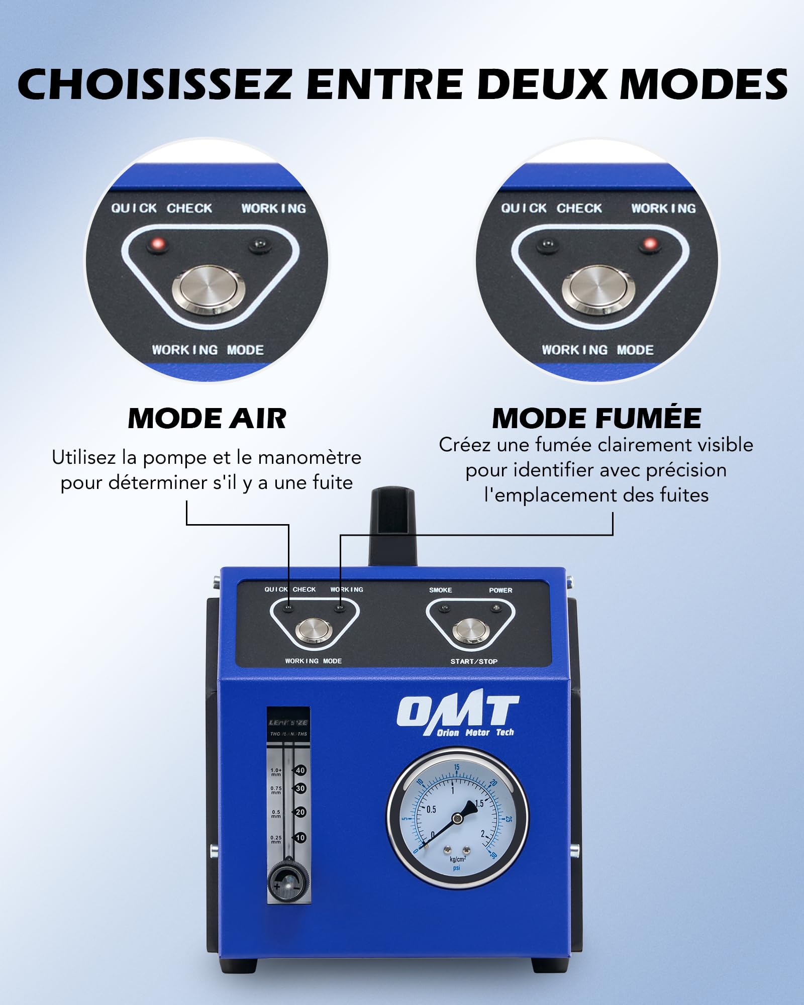 Orion Motor Tech Machine à Fumée EVAP Automobile DC 12V avec Détecteur de Fuites Voiture Détection de Fumée avec Manomètre d'Huile 6 L/Min Débitmètre d'Huile Minérale Airbag & Adaptateurs Cône