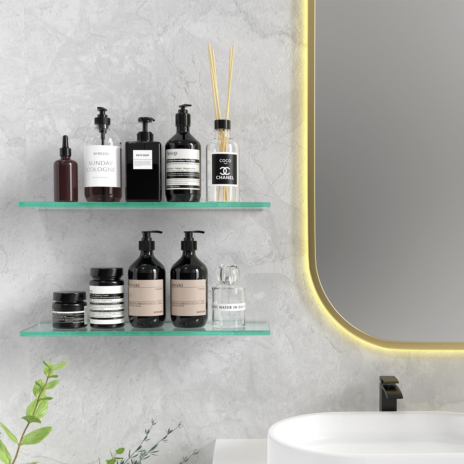 SHUAIAIW No-Drill Bathroom Shelf, Glass Floating Shelves, Shampoo Shelf, 2 Tiers Wall Mounted Wall Shelves for LivingRoom/Bedroom/Kitchen/Office(Clear)