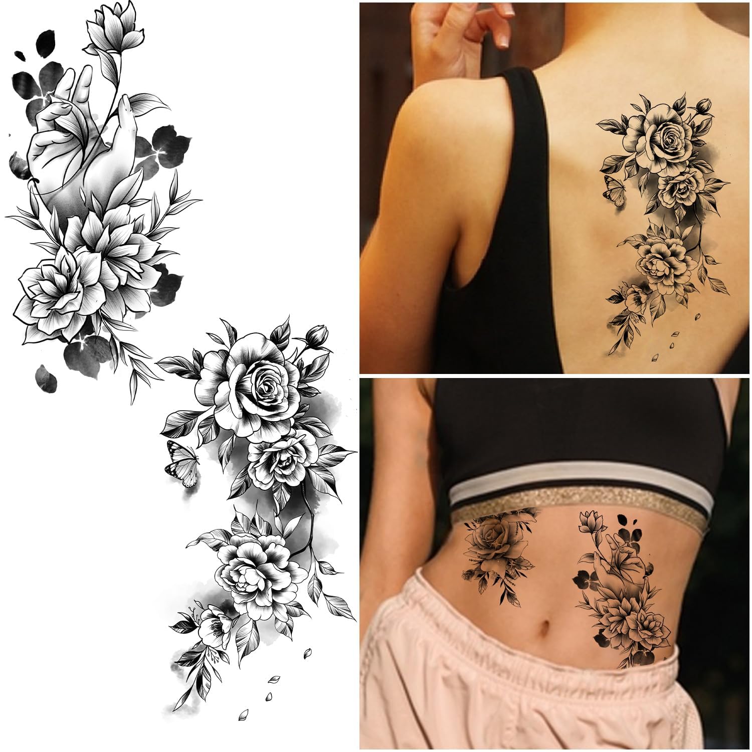 Large Black Rose Temporary Tattoo For Women - Waterproof & Realistic Body Art