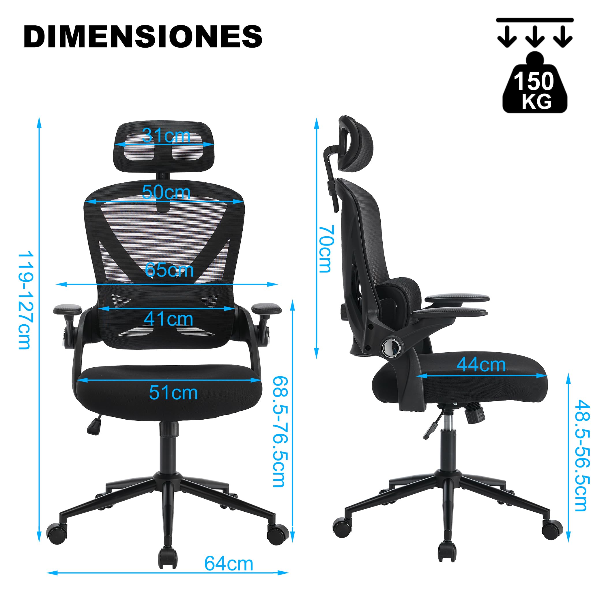 LIYURUI Ergonomischer Bürostuhl - Verstellbar Mit Lordosenstütze & Kopfstütze | 125° Schaukelfunktion