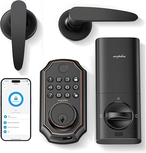 Juego de cerrojo para puerta de entrada sin llave con asa, cerradura de puerta de entrada sin llave 5 en 1, control por aplicación, bloqueo