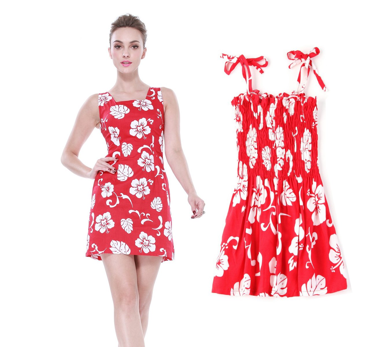 Matching Mother Daughter Hawaiian Luau Outfit Lady Tank Dress Girl Elastic Dress Red Hibiscus