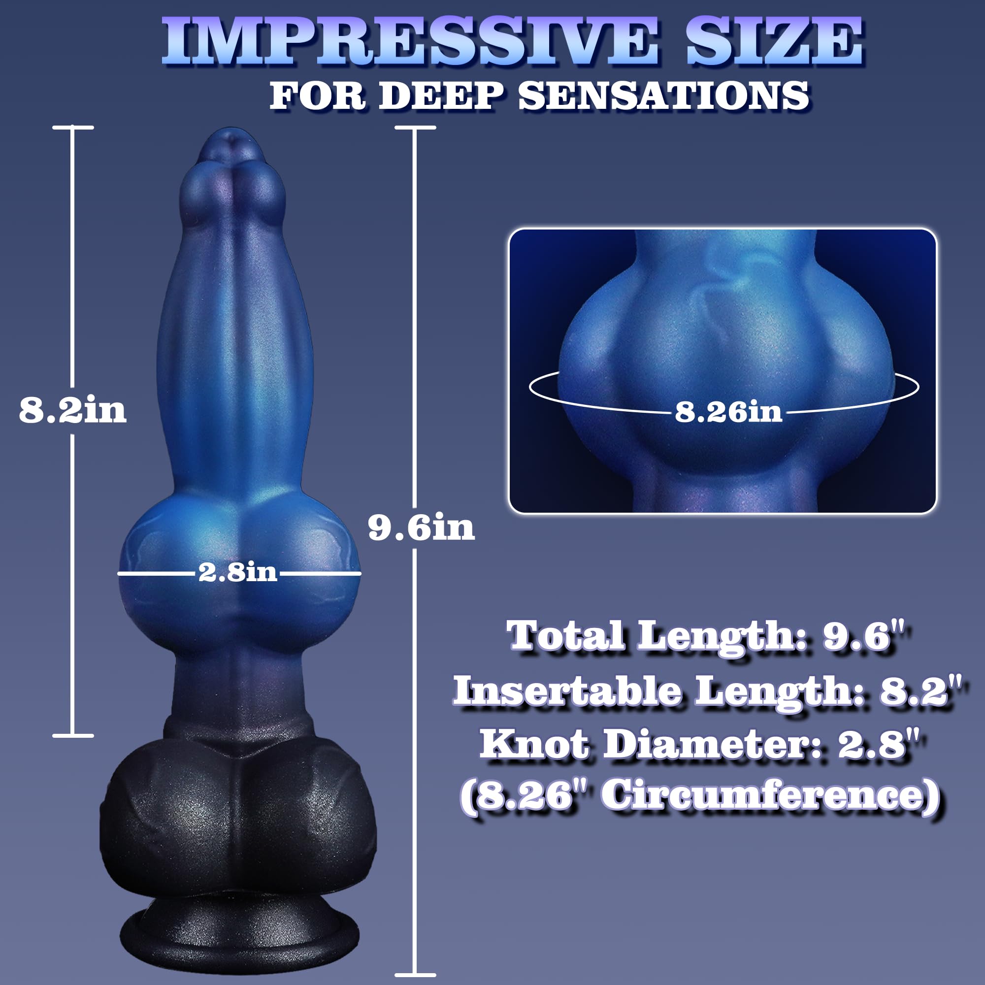 9.6" Blue Black Knotted Dog Dildo 2.8" Knot Pt Silicone Anal Toy w Suction Cup for Men Women Gay