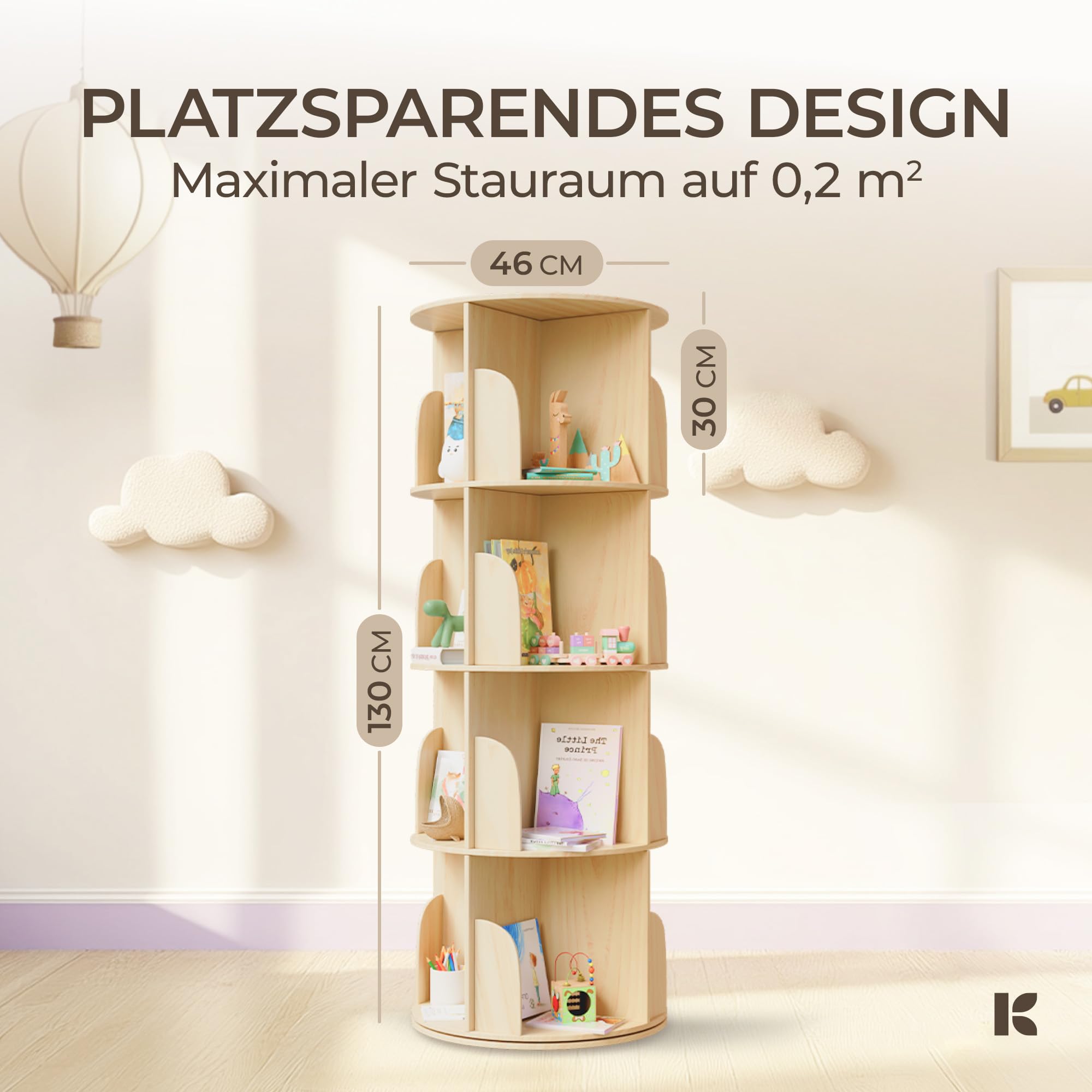 360° Drehbares Bücherregal Kinder - Kiefernholz Bücherregal Drehbar Kinder mit 4 verstellbaren Ebenen 130x46x46 cm - Drehregal, Standregal