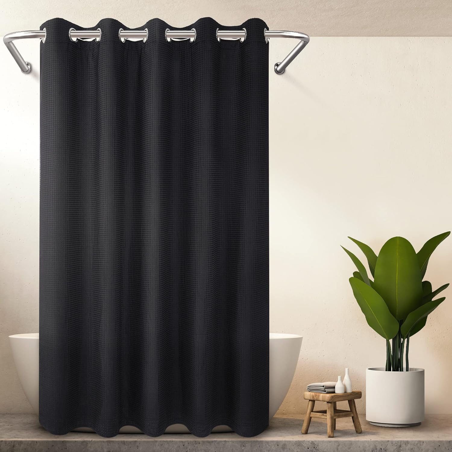 River Dream Extra Long No Hook Shower Curtain with Snap in Liner, Cotton Blend Shower Curtains for Bathroom, Hotel Grade, Water Repellent, Black, 71" Wx86 L
