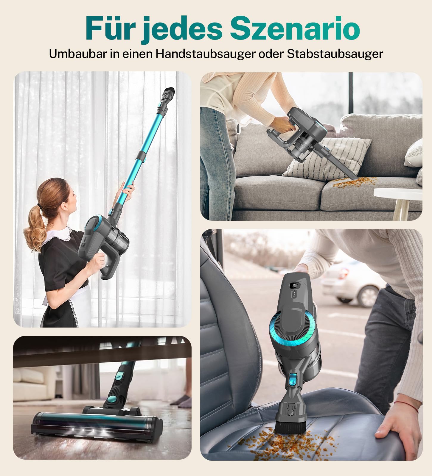 Akku Staubsauger, 30000Pa/55Min Staubsauger Kabellos, Anti-Tangle-Bürste und Selbststehend, Ultraleichter Handstaubsauger akku vacuum cleaner Stielstaubsauger für Teppichen, Hartboden, Tierhaare