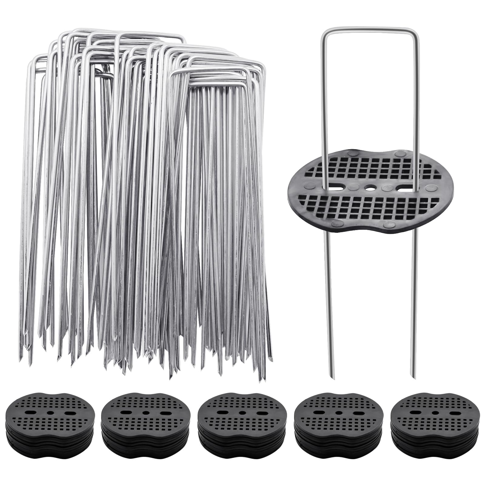 Wieat 50Pcs Heavy Duty 6" Garden Control Landscape Pegs with 50 Pcs Buffer Washer, U Shaped Heavy Duty Weed Membrane Pegs Pack, for Netting Weed Control Fabric