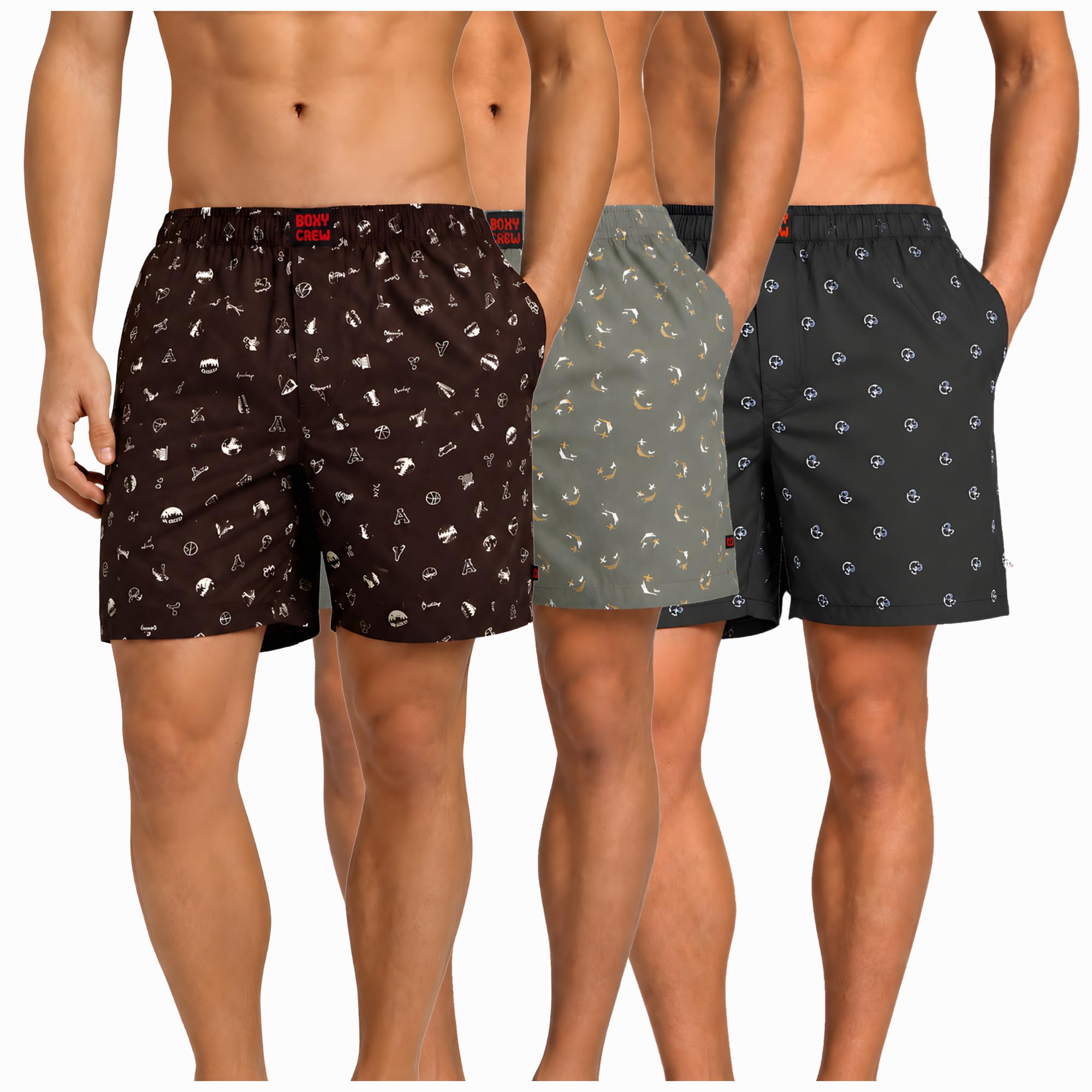Men's 100% Cotton Boxer Shorts Pack of 3, Brown, Green & Navy Blue | Woven Boxers with Side Pockets, No-Marks Elastic Waistband, Breathable Relaxed Fit | Style 005-008-009-image-39