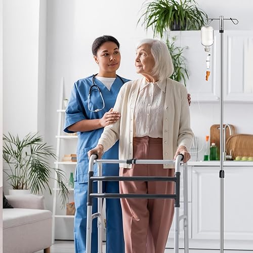 Miniatura 32 de IV postes con ruedas IV soportes 2 ganchos 5 patas base rodante con acero inoxidable resistente, altura ajustable