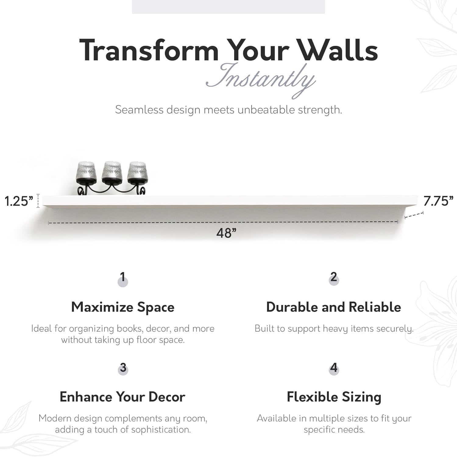 InPlace Shelving Low Profile Wall Shelf with Invisible Brackets, 7.75" D x 48" W x 1.25" H, Set of 4, White, 9604670E