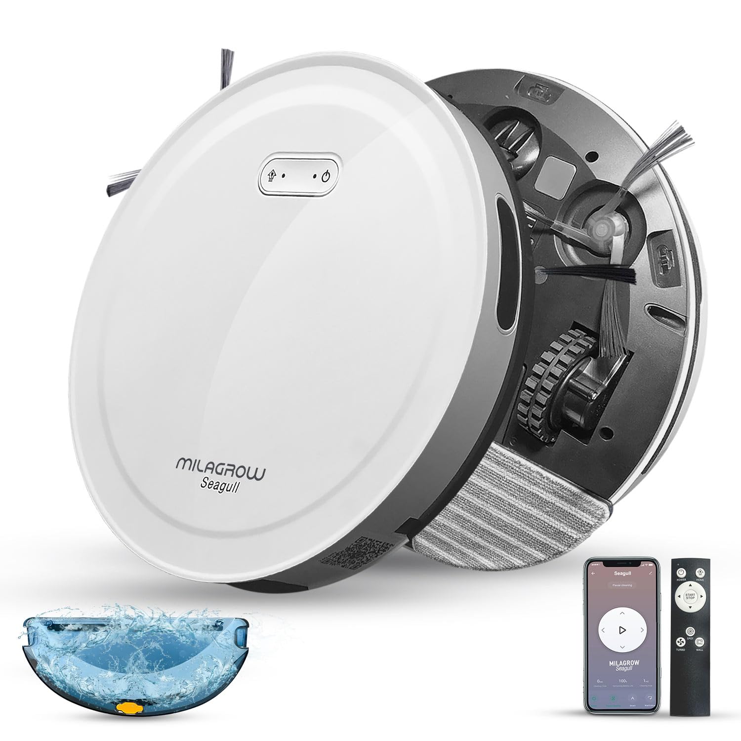 Seagull Agua Full Wet & Dry Robotic Vacuum Cleaner, 100ml Water Tank, 1500Pa Auto Boost Suction, 3 Cleaning Modes, APP & Remote Control (White) (white)