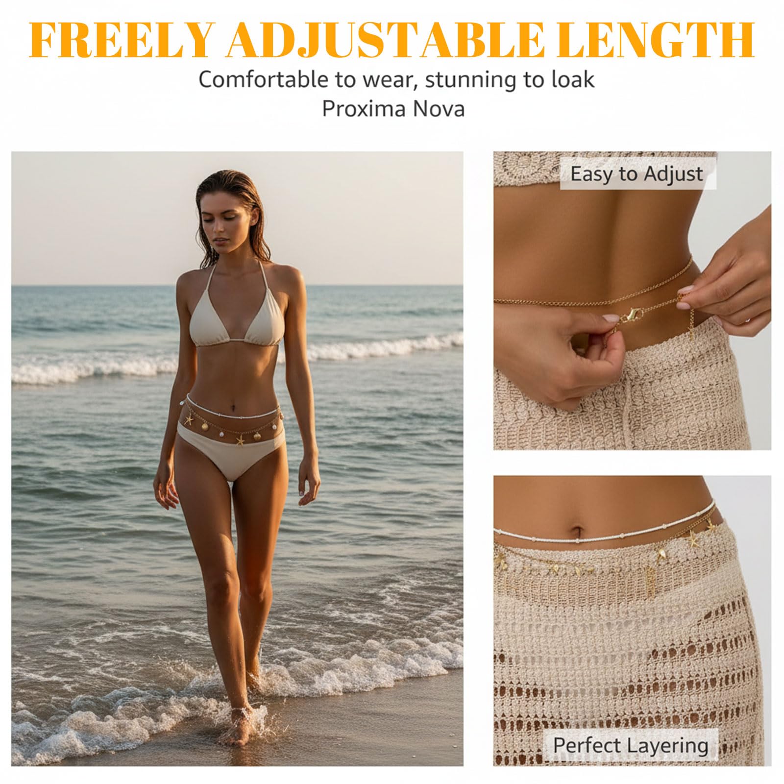 2 pezzi Catenina in vita dorata a forma di stella marina per donne, catenine regolabili, conchiglie boho, catena per il corpo da bikini per spiaggia, festival estivo