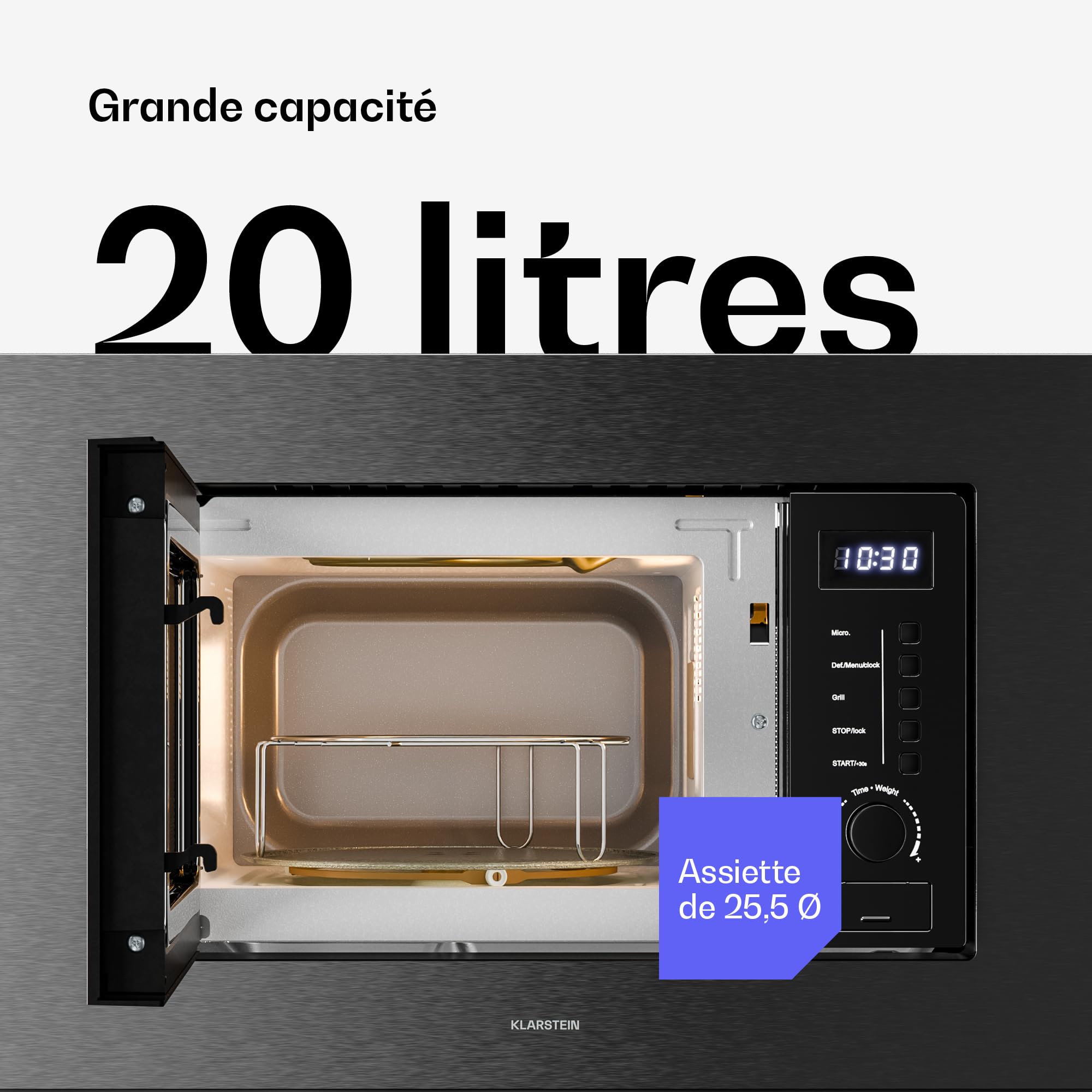 Klarstein Verosteel Micro Onde Encastrable avec Grill – 20L, 700W, 8 Programmes, Commande Tactile, Acier Inox, Plateau Verre, Four Micro Ondes Encastrable, Acier Inoxydable Noir