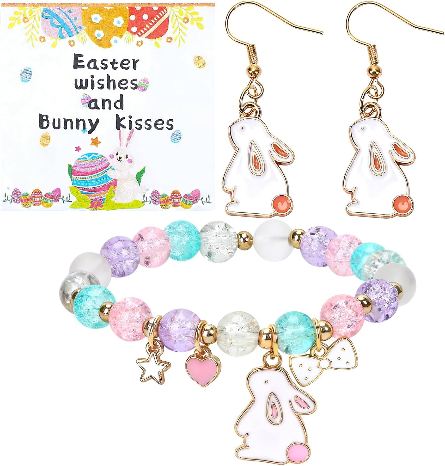 AUGSUN Easter Charm Bracelet and Earrings Set, Colorful Easter beaded bracelet Delicate Gift for Festive Celebrations