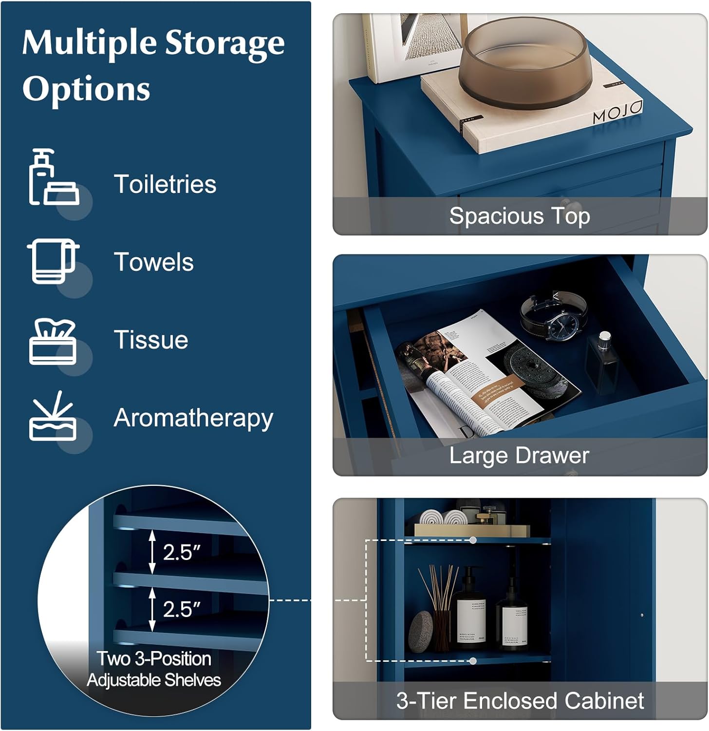 Tangkula Bathroom Floor Cabinet, Free-Standing Single Door Storage Cabinet with Drawer & 2 Adjustable Shelves, Wooden 14”L Narrow Side Storage Organizer for Small Spaces, Living Room, Kitchen (Blue)