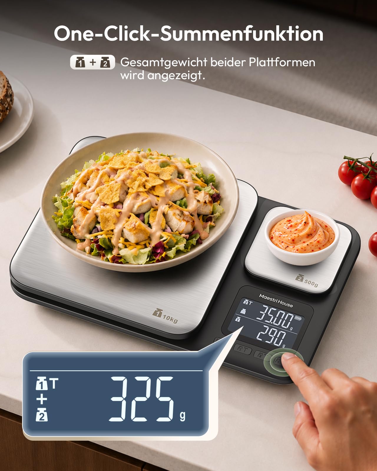 Maestri House Küchenwaage mit zwei Wägeplattformen, hohe Präzision von 0,01 g und Gesamtkapazität von 10 kg/1 g, Zwei-in-Eins-Lebensmittelwaage aus Edelstahl mit Tara- und Summierfunktion