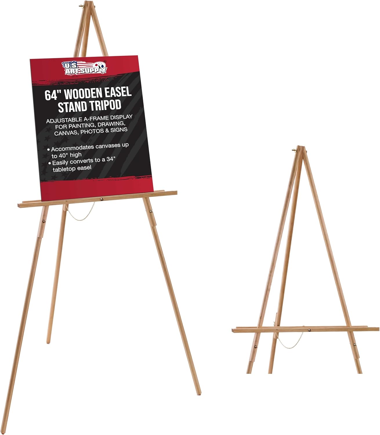 U.S. Art Supply 64" Wooden Easel Stand - Adjustable A-Frame Tripod for Painting, Drawing, Photos & Signs - Lightweight Easels, Wood Easel Stand for Sign Wedding Display 40" Canvas Capacity