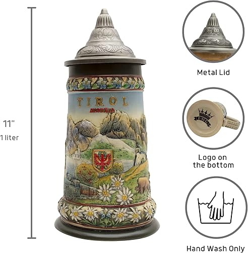 Miniatura 3 de OktoberfestHaus - Jarra de Cerveza de Cerveza Austria Pintada a Mano con Tapa Metálica y Escena de Tirol Alpes Jarra Cervecera Alemana