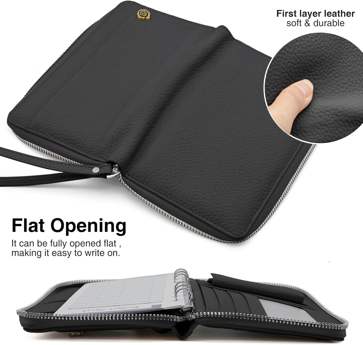A6 Binder Cash Envelope System Wallet, Money Saving Budget Planner Notebook, 6 Rings Refillable Compact Cash Stuffing Binder, RFID Zipper Planner with Genuine Leather Cover (Black)