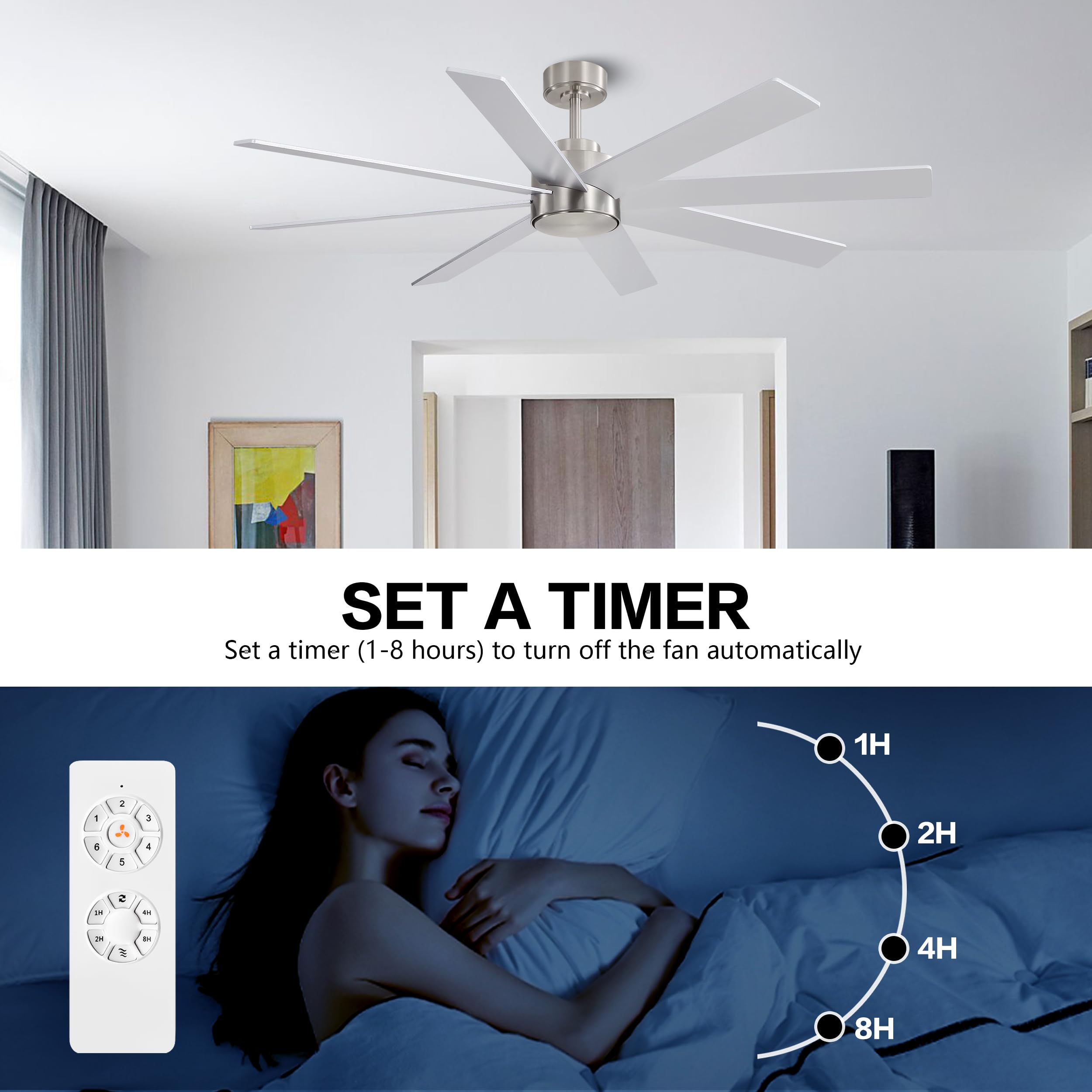 WINGBO 72 Large DC Ceiling Fans without Lights 3 Downrods 8 Plywood Blades 6-Speeds Reversible DC Motor Indoor — view 7