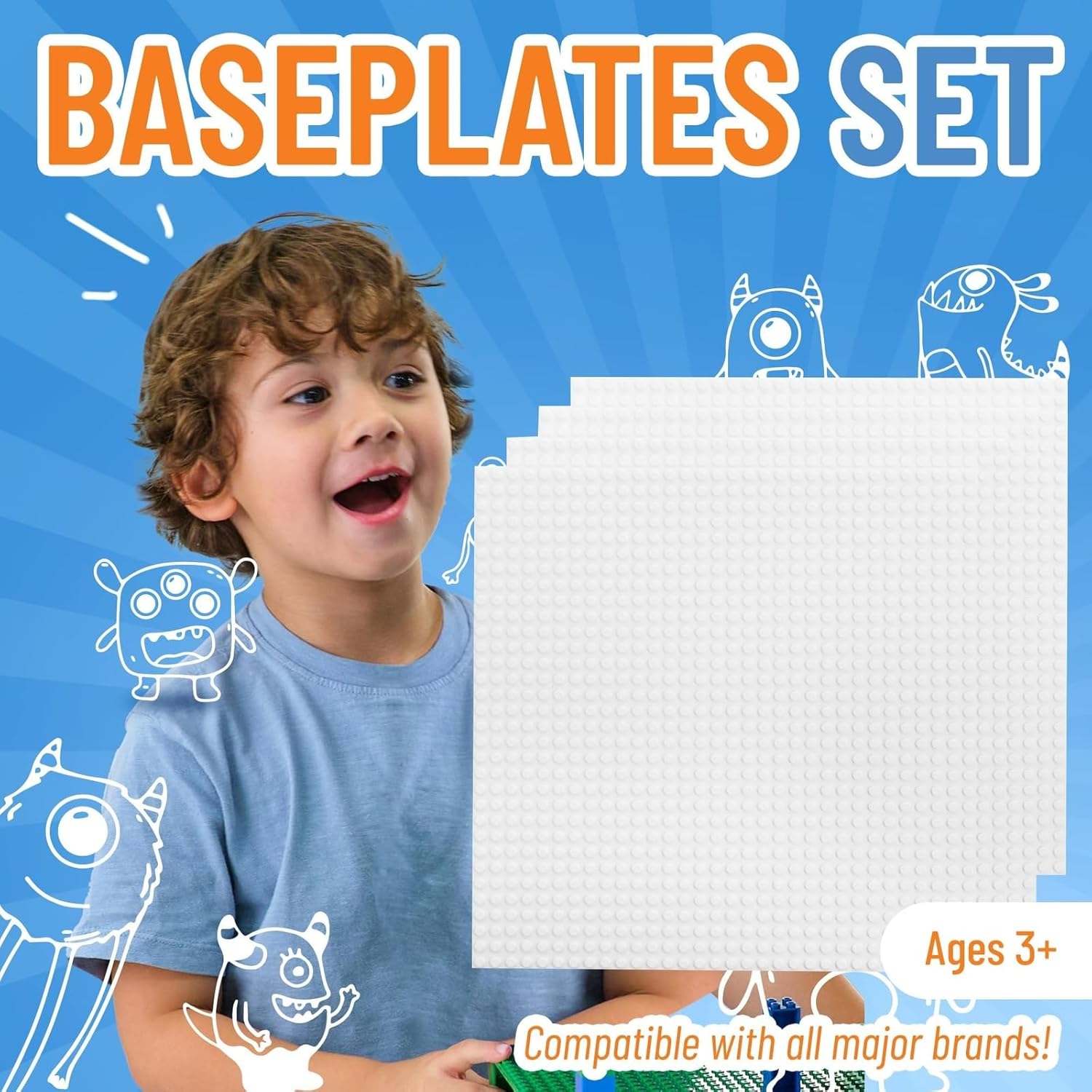 Strictly Briks Stackable Baseplates - 4 Pack Compatible with Classic Lego & Major Brick Brands, 10 x 10 in with 32 x 32 Studs, Toy Building Plates Boards, Kids Easter Gift, White