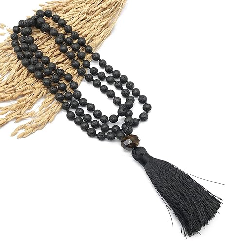 Miniatura 6 de PNEIME Collar de cuentas malas de sándalo, collar de madera mala, cuentas de oración tibetanas anudadas a mano, cuentas de meditación Japa Mala,