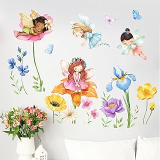 Yovkky Sleeping Flower Fairy Wall Decals Stickers, Butterfly Girl Elf Wildflower Floral Toddler Baby Nursery Decor, Spring Summer Home Decorations Kids Bedroom Playroom Living Room Art
